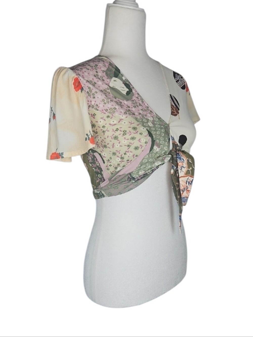 Kawaii Kimono Crop Top Japanese Whimsy Jade Green Pink Cream Bell Sleeves *XS - Picture 8 of 10